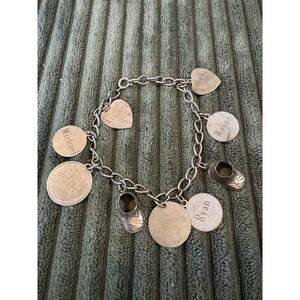 Vintage Sterling Silver‎ Charm Bracelet Baby Shoes Initials Names Date